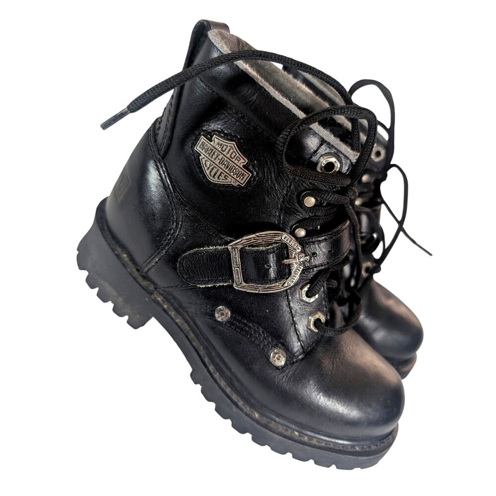 HARLEY DAVIDSON! BLACK GENUINE LEATHER LACE UP, W/SILVER LOGO BUCKLE BOOTS! 5.5M